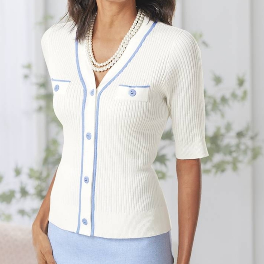 Chadwicks Elbow-Sleeve Ribbed Sweater V-Neck Button Placket Light Blue Ivory XL